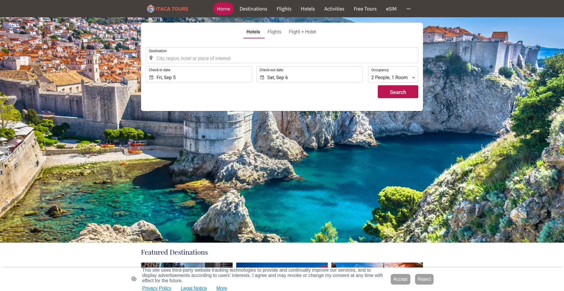 Website screenshot of Itacatours.com