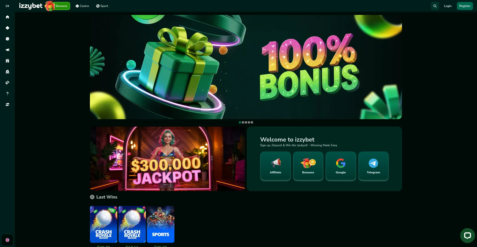 Website screenshot of Izzybet.com