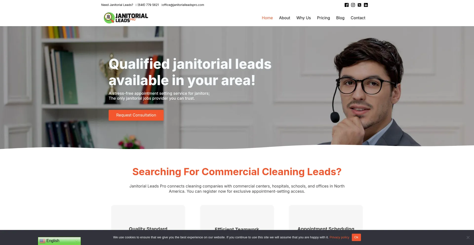 Website screenshot of Janitorialleadspro.com