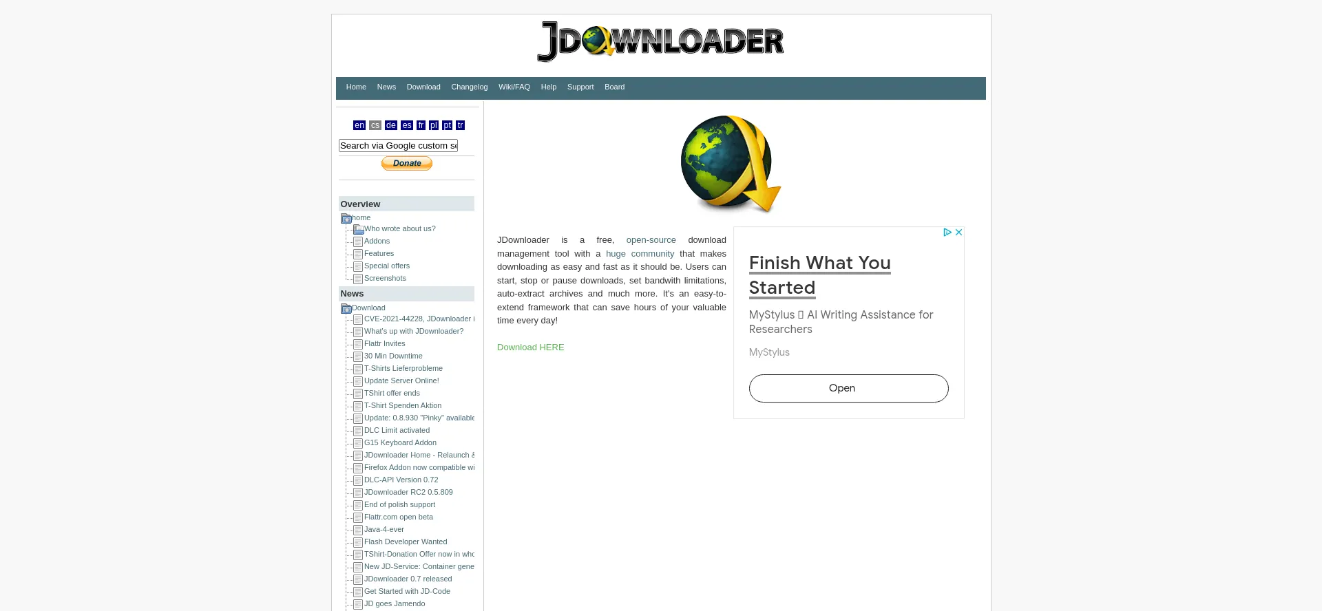 Website screenshot of Jdownloader.org