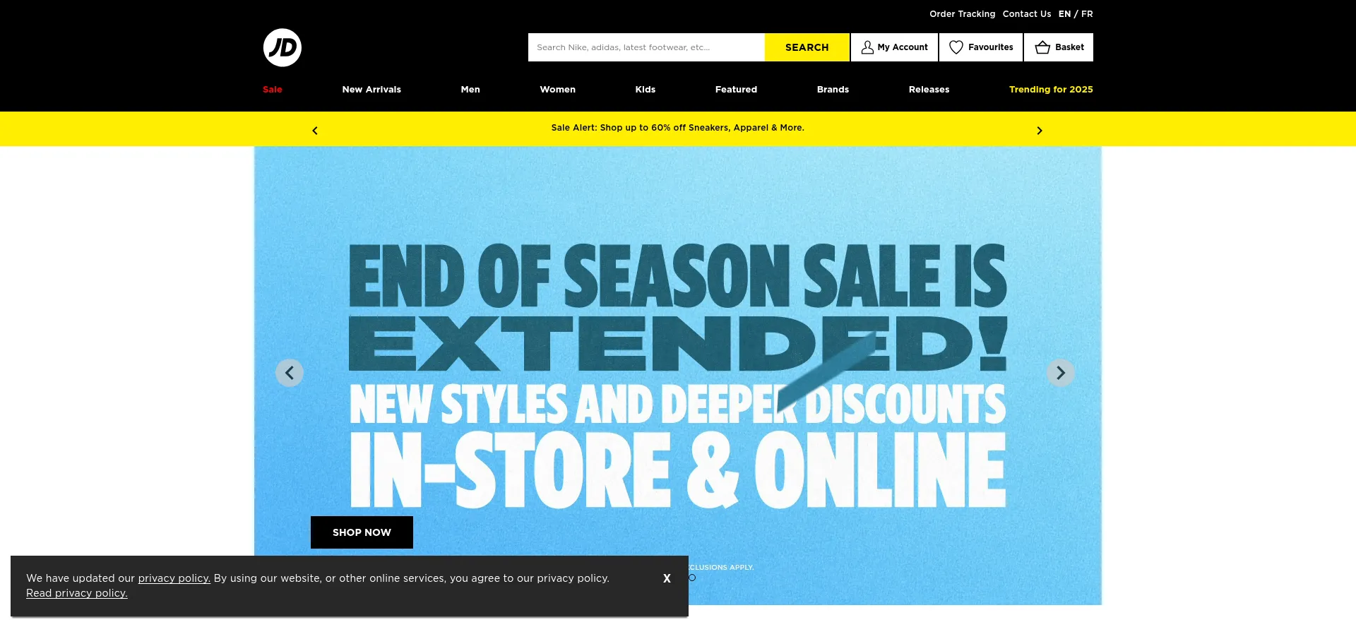 Website screenshot of Jdsports.ca