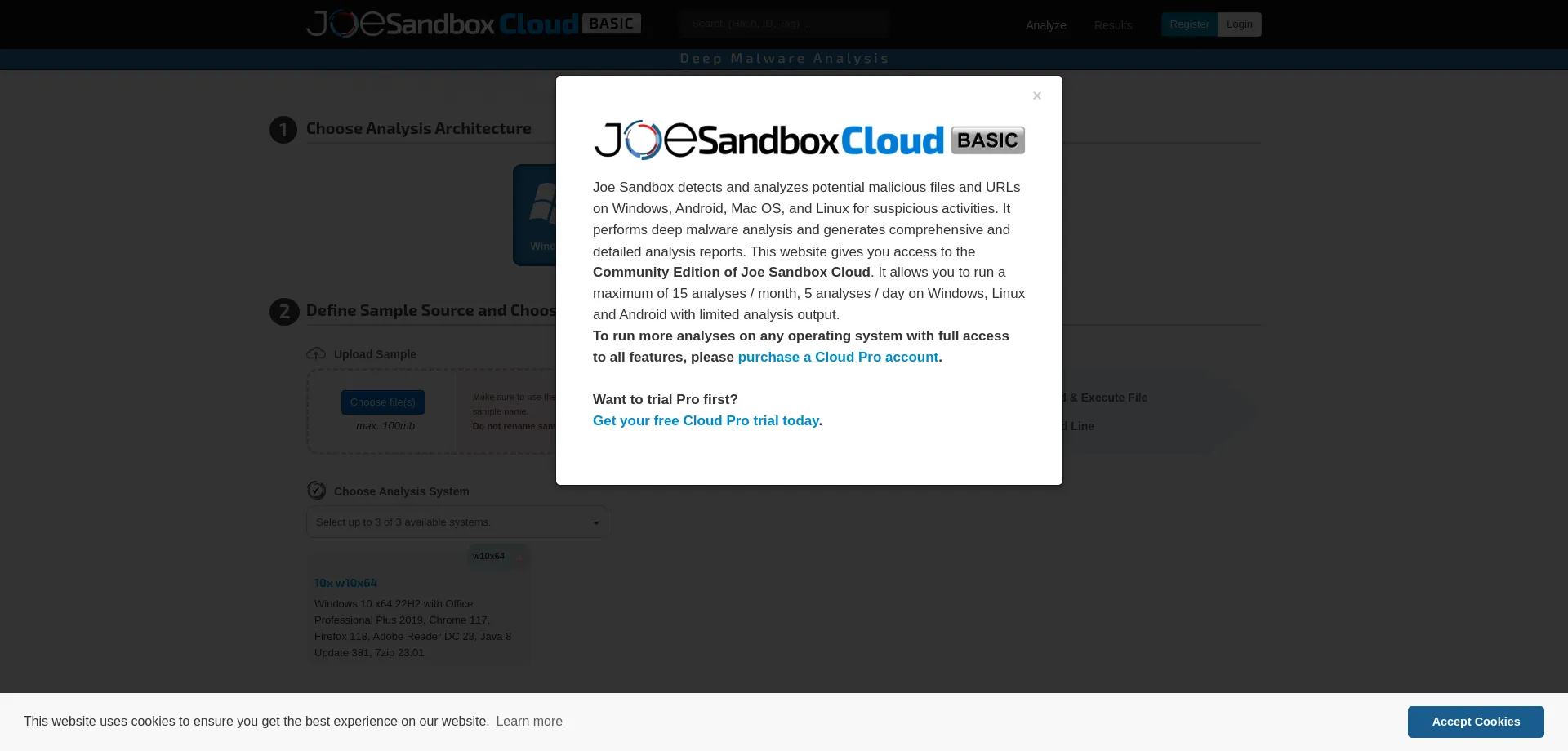 Website screenshot of Joesandbox.com