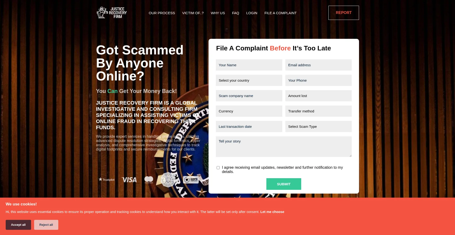 Website screenshot of Justicerecoveryfirm.com