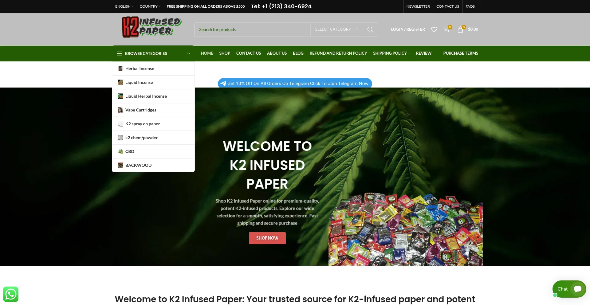 Website screenshot of K2infusedpaper.com