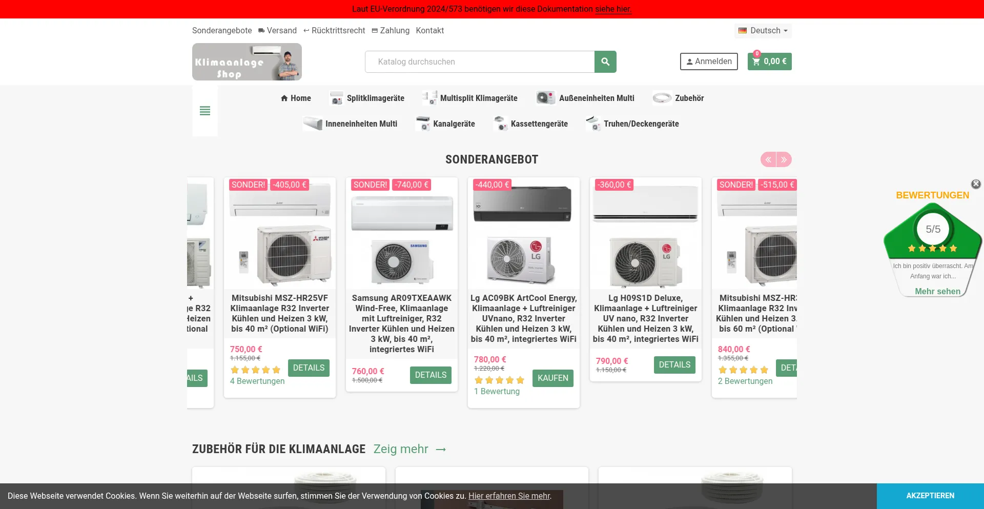Website screenshot of Klimaanlageshop.com
