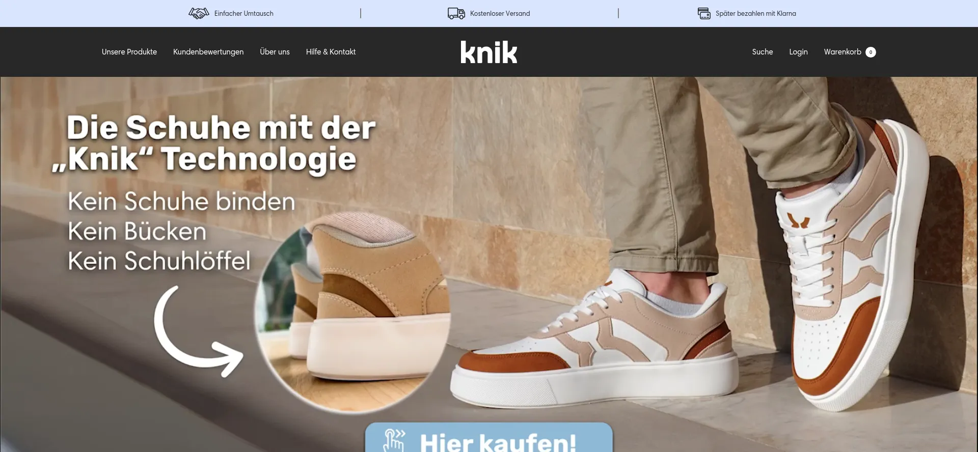 Website screenshot of Knikshoes.at