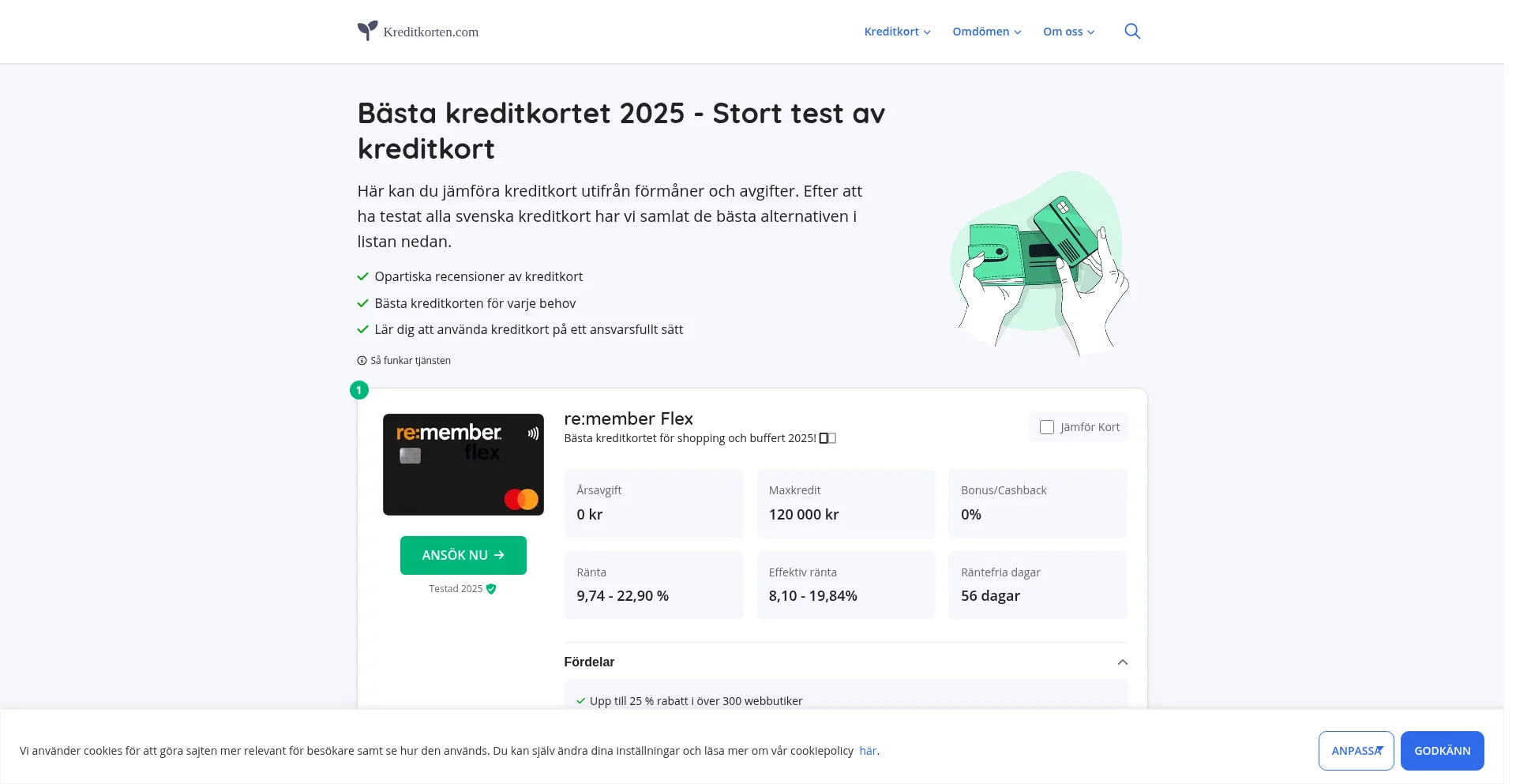 Website screenshot of Kreditkorten.com