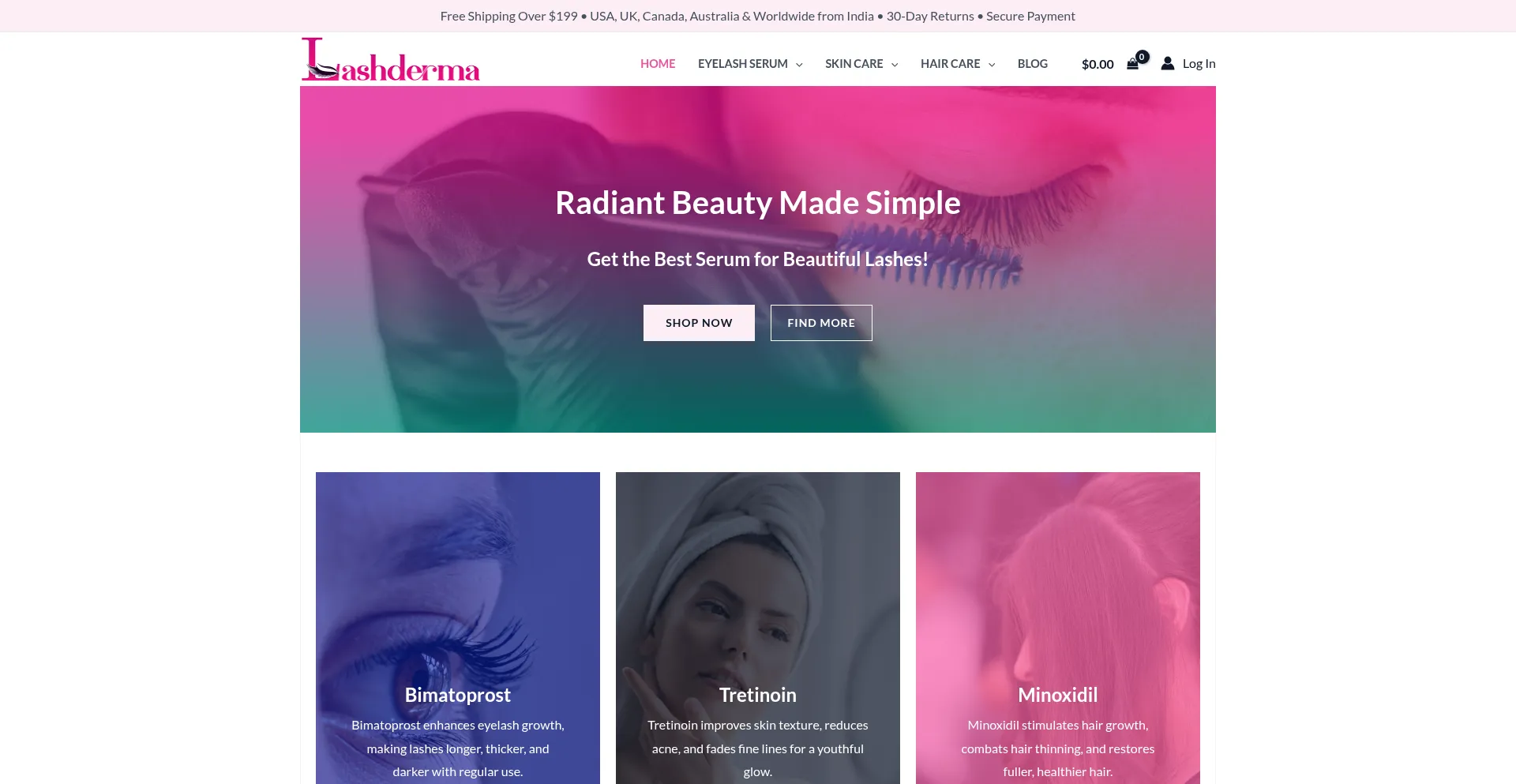 Website screenshot of Lashderma.com