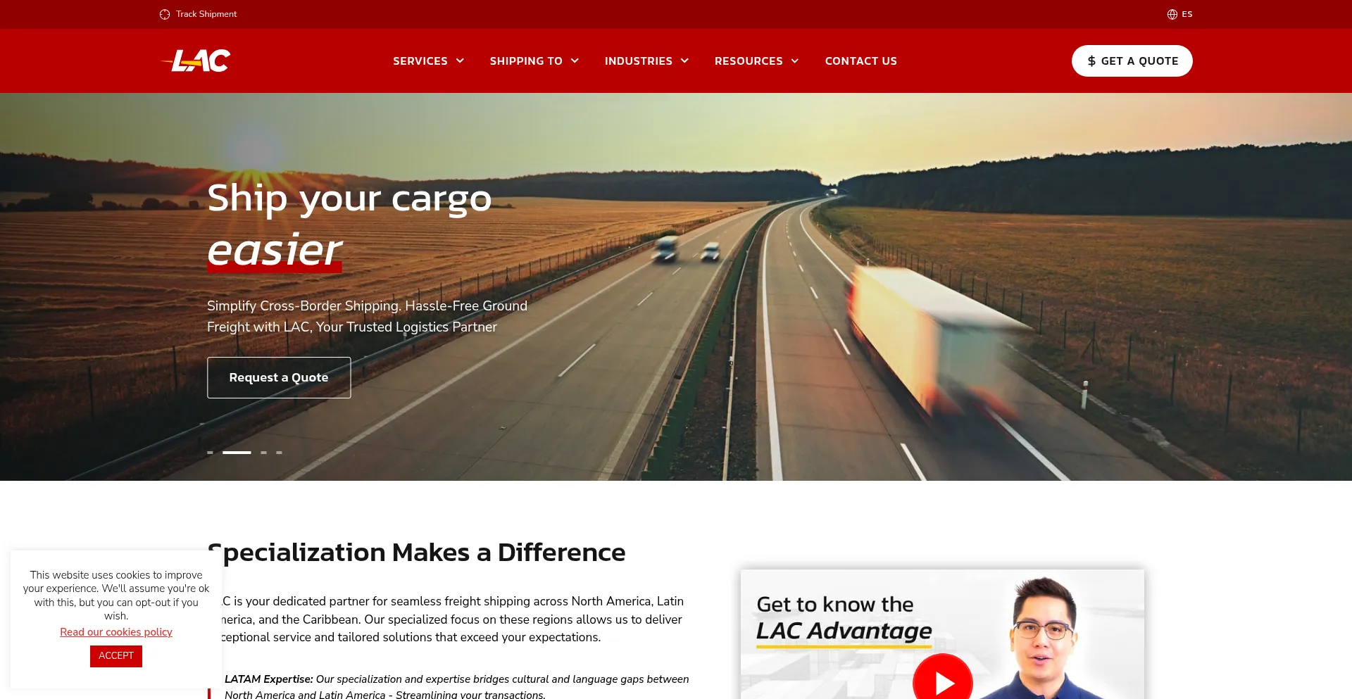 Website screenshot of Latinamericancargo.com