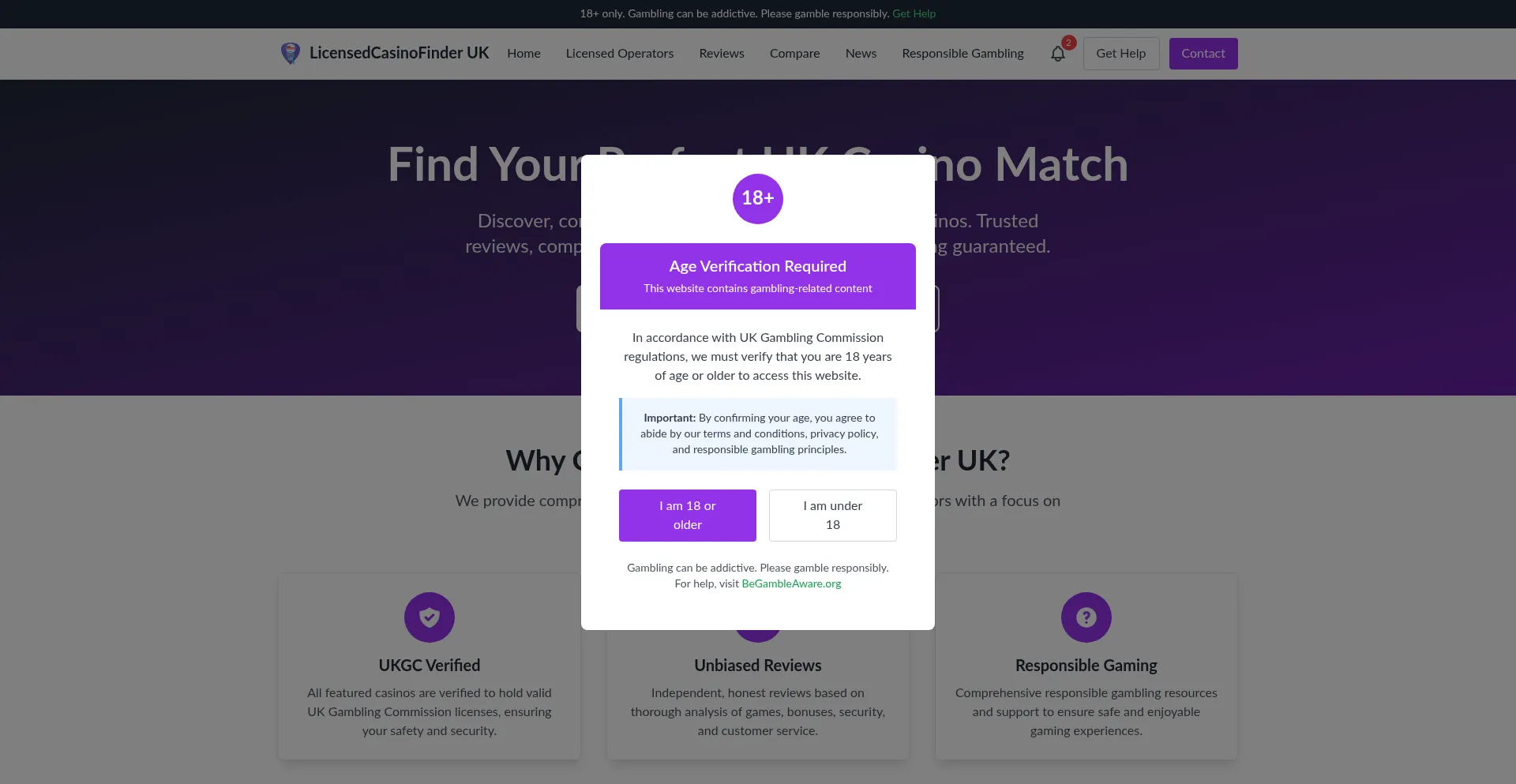 Website screenshot of Licensedcasinofinder.co.uk