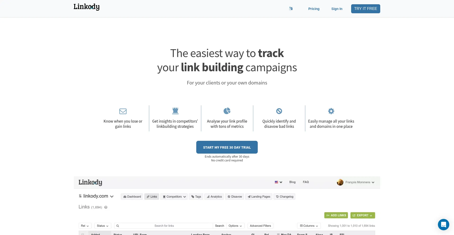 Website screenshot of Linkody.com