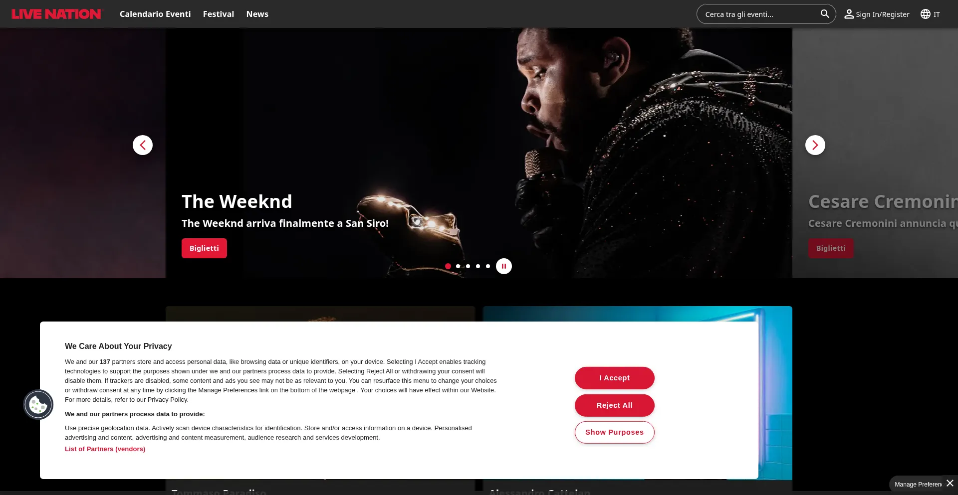 Website screenshot of Livenation.it