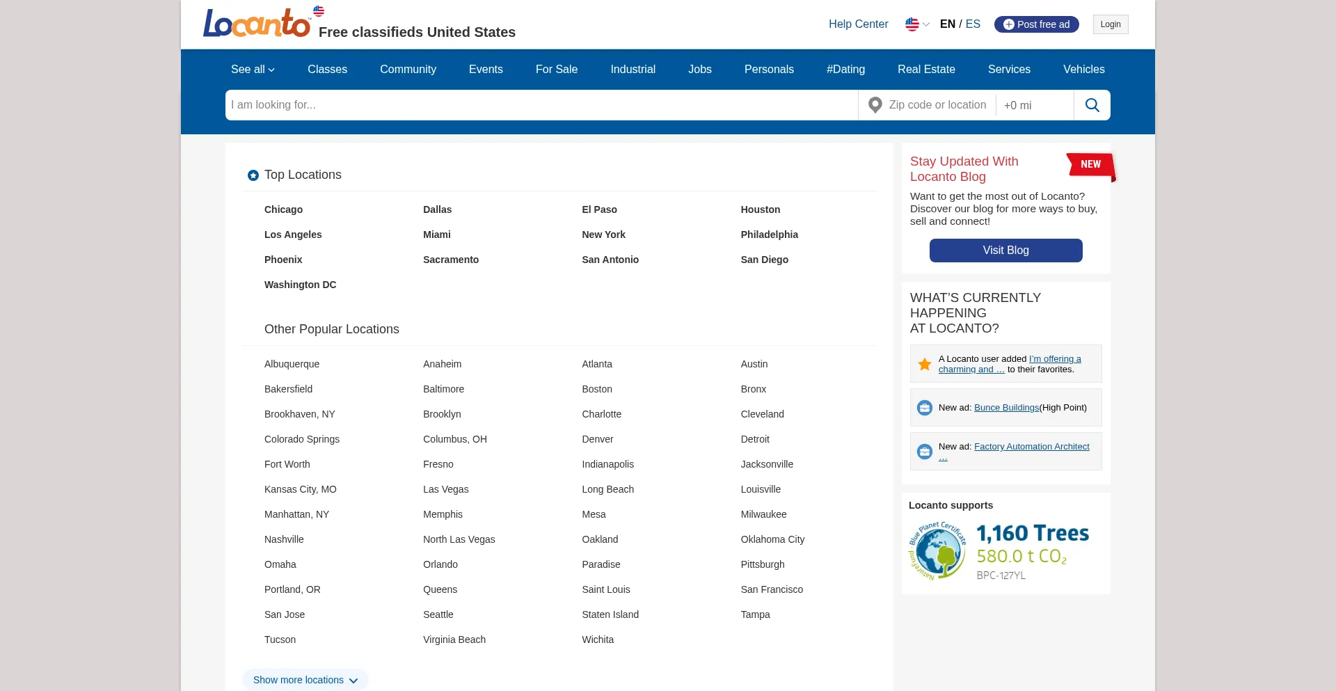 Website screenshot of Locanto.com