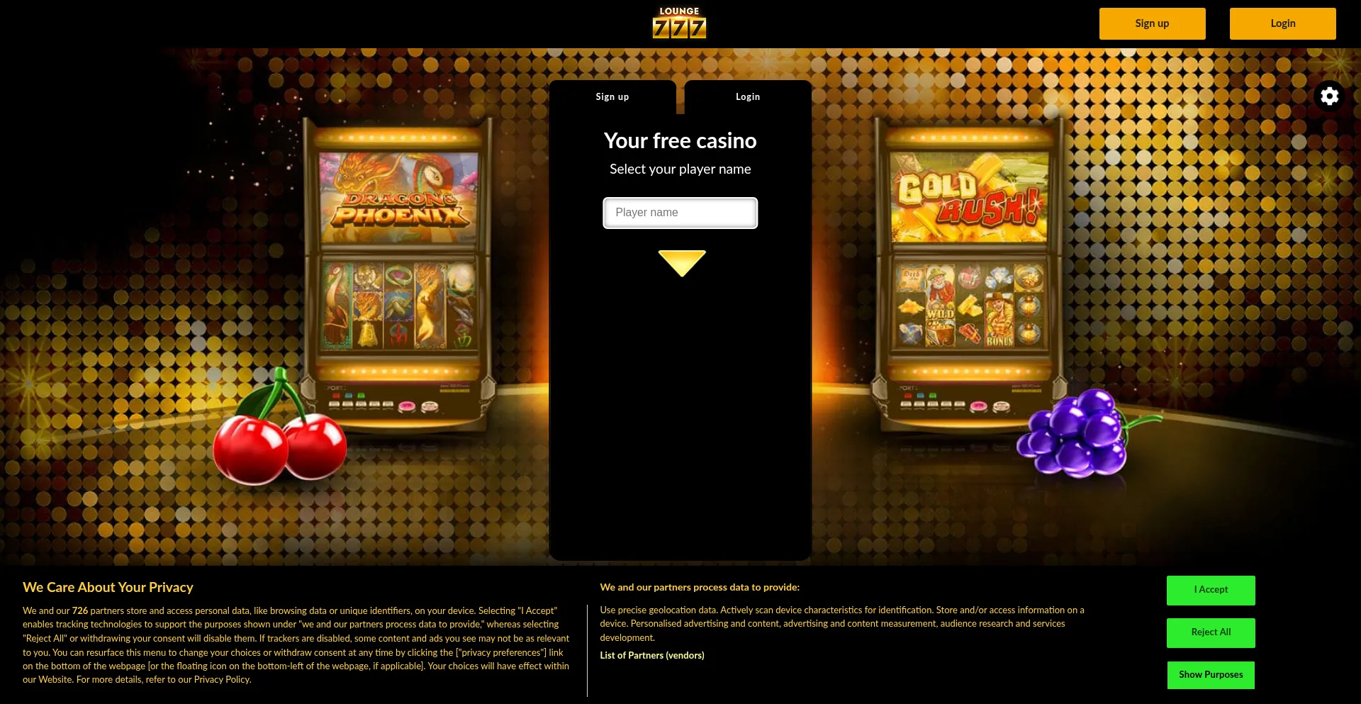 Website screenshot of Lounge777.com