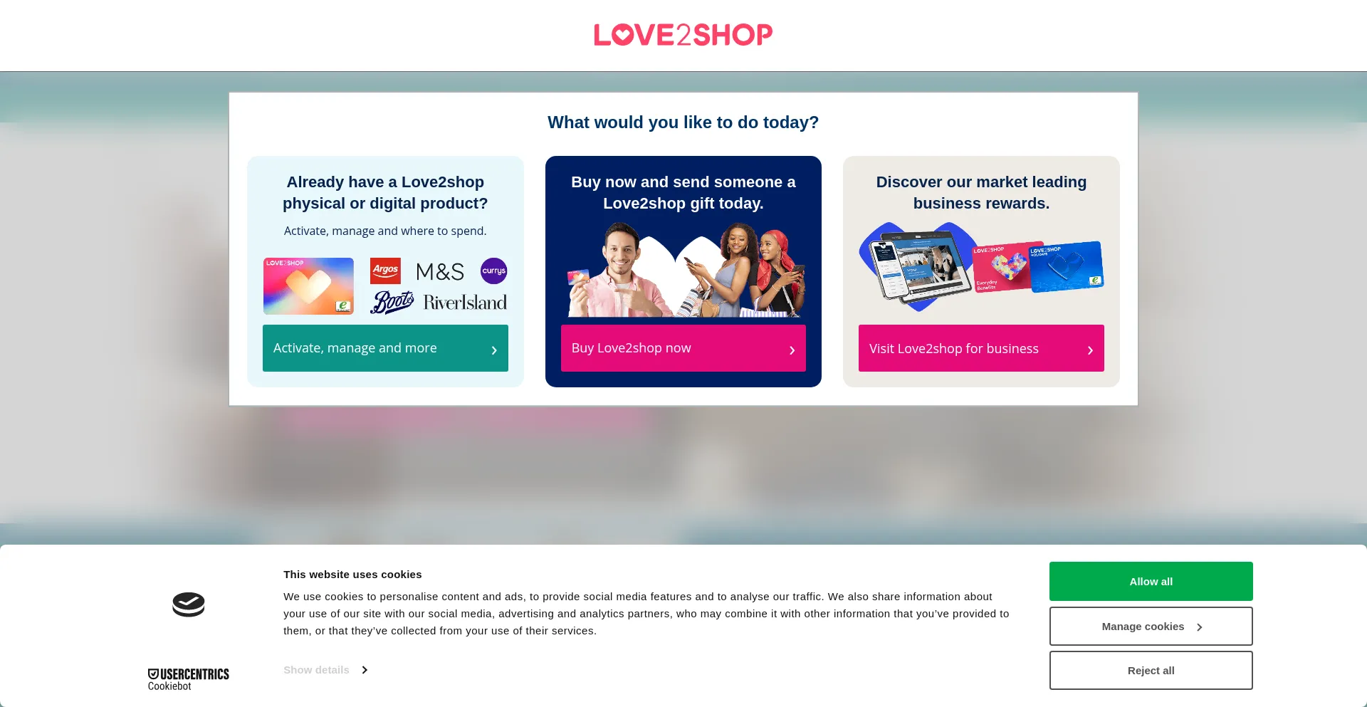 Website screenshot of Love2shop.co.uk