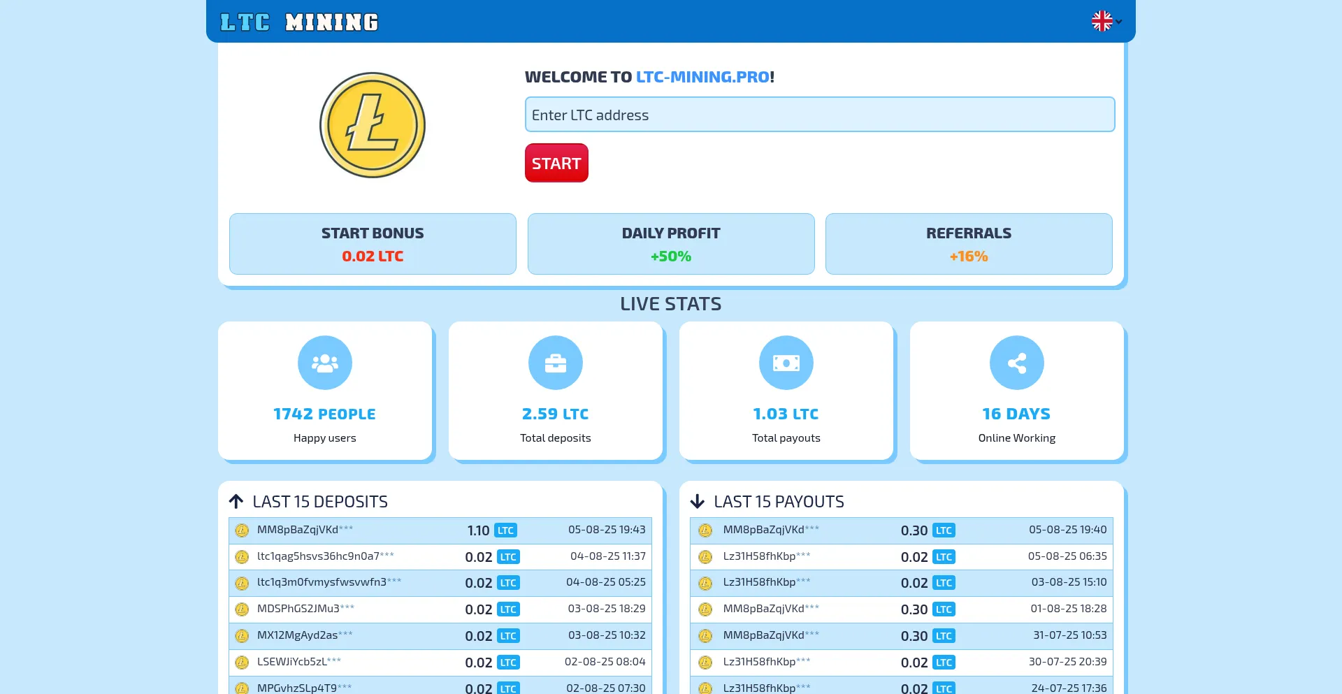 Website screenshot of Ltc-mining.pro