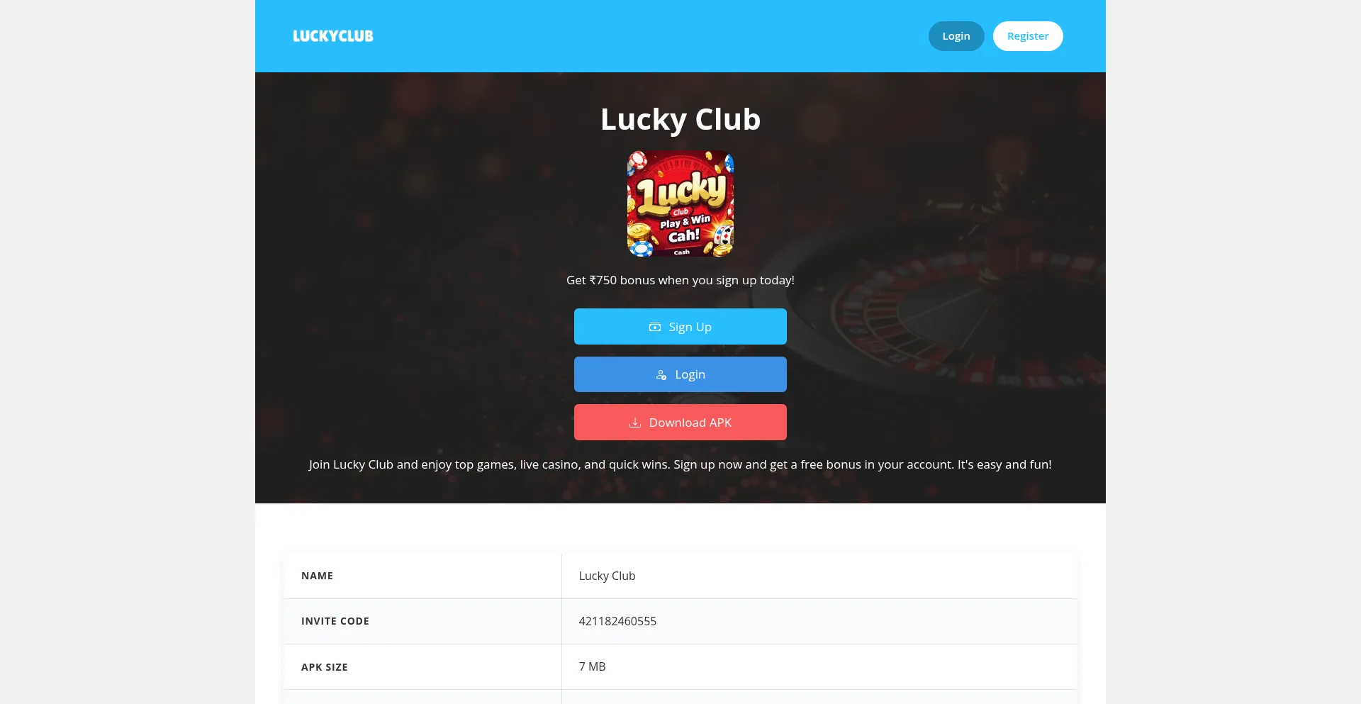 Website screenshot of Luckyclub.com.co