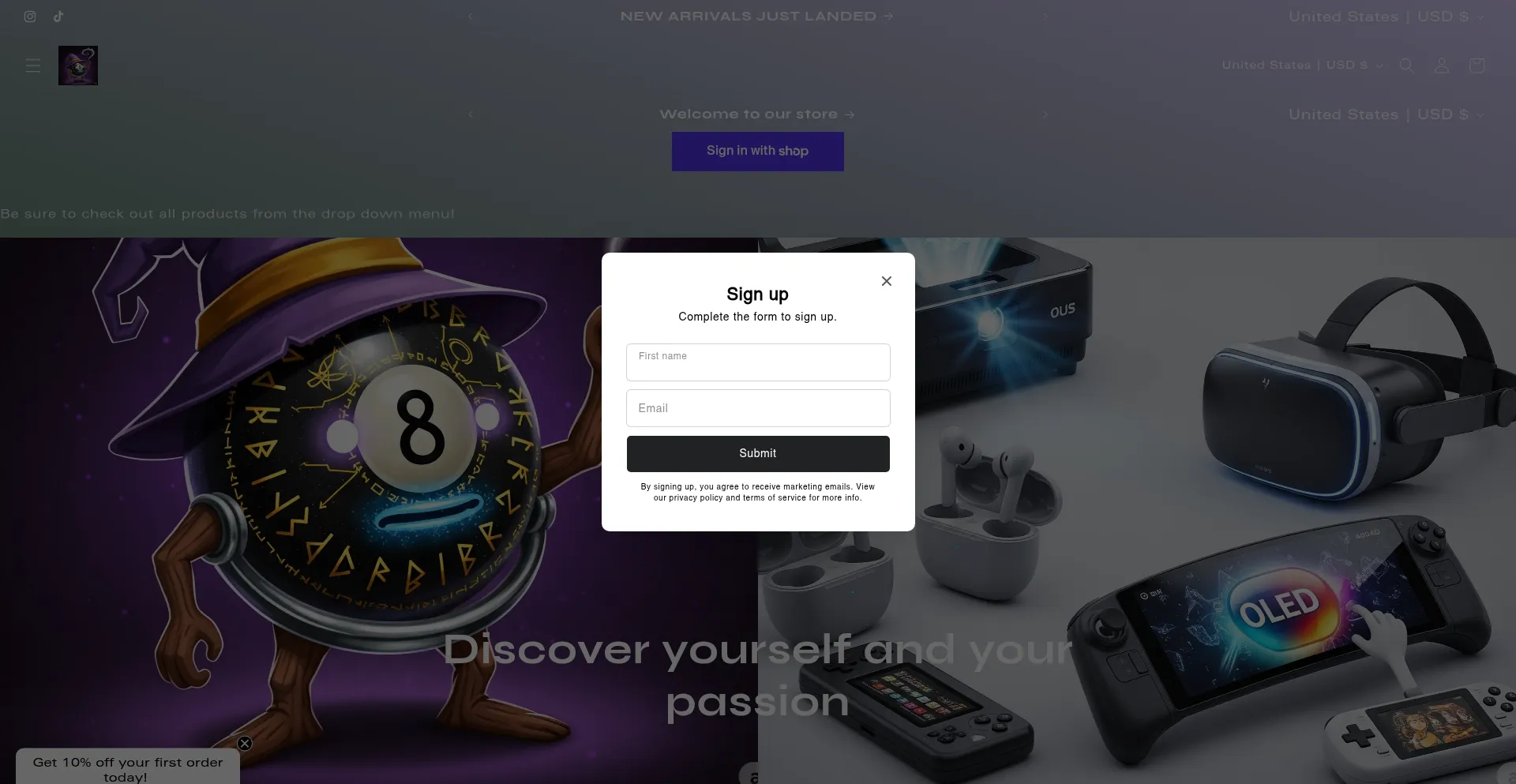 Website screenshot of Magical8ball.store