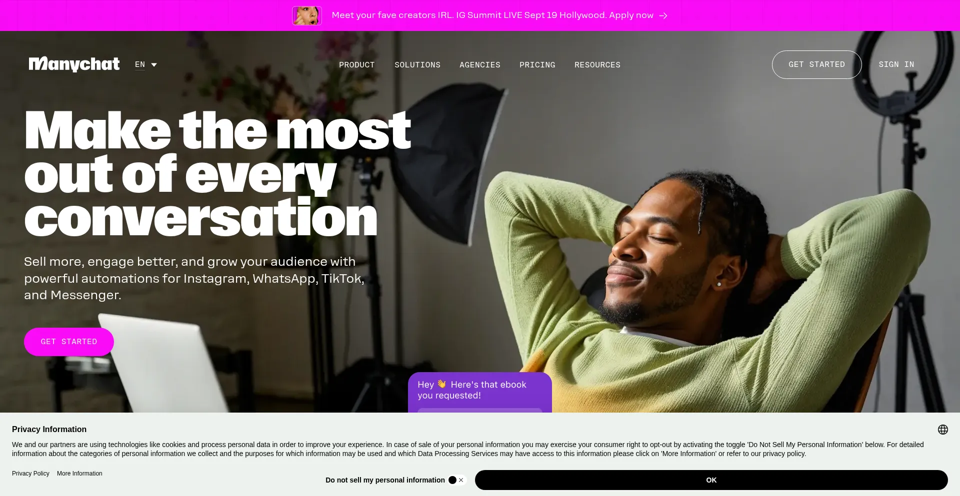 Website screenshot of Manychat.com