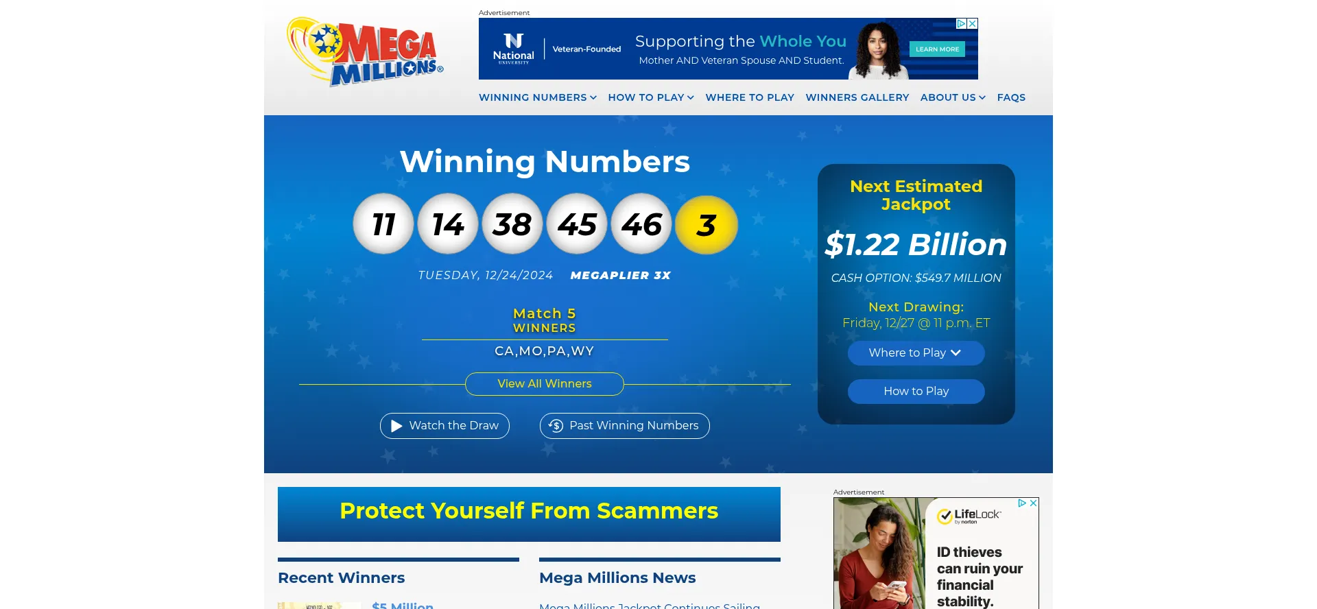 Website screenshot of Megamillions.com