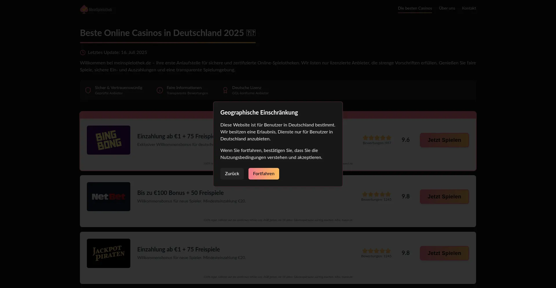 Website screenshot of Meinspielothek.de