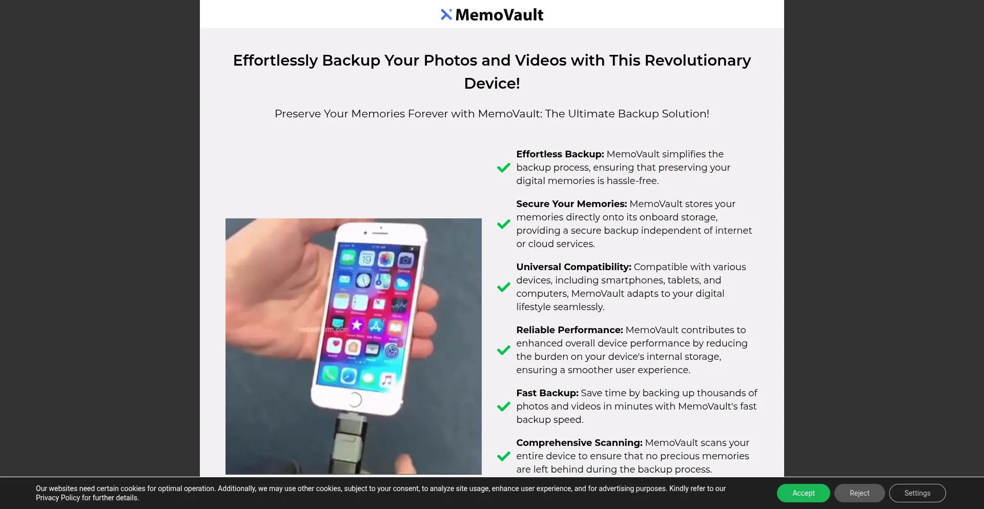 Website screenshot of Memovault.shop