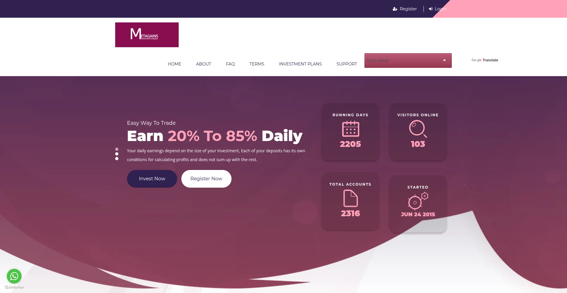 Website screenshot of Metagains.ltd