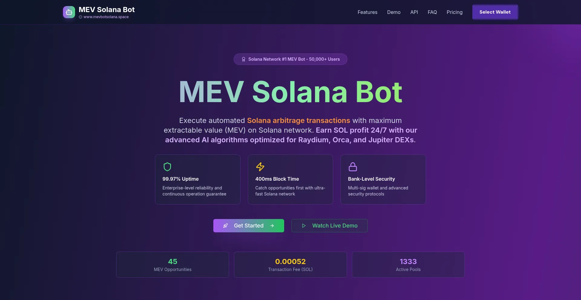 Website screenshot of Mevbotsolana.space