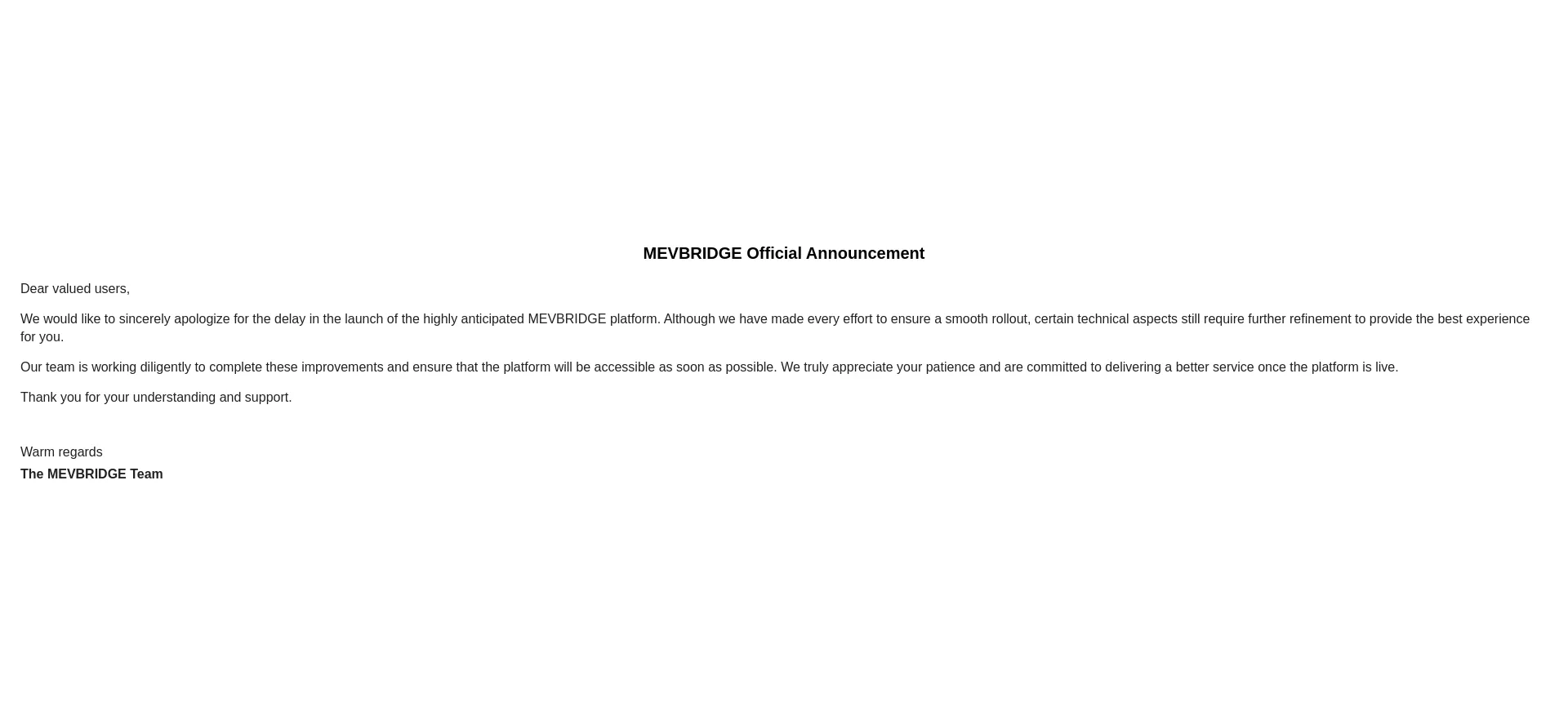 Website screenshot of Mevbridge.com