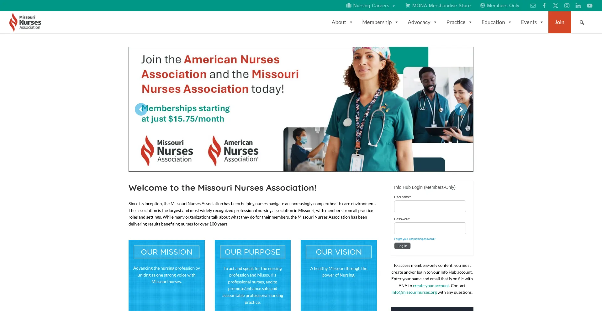 Website screenshot of Missourinurses.org