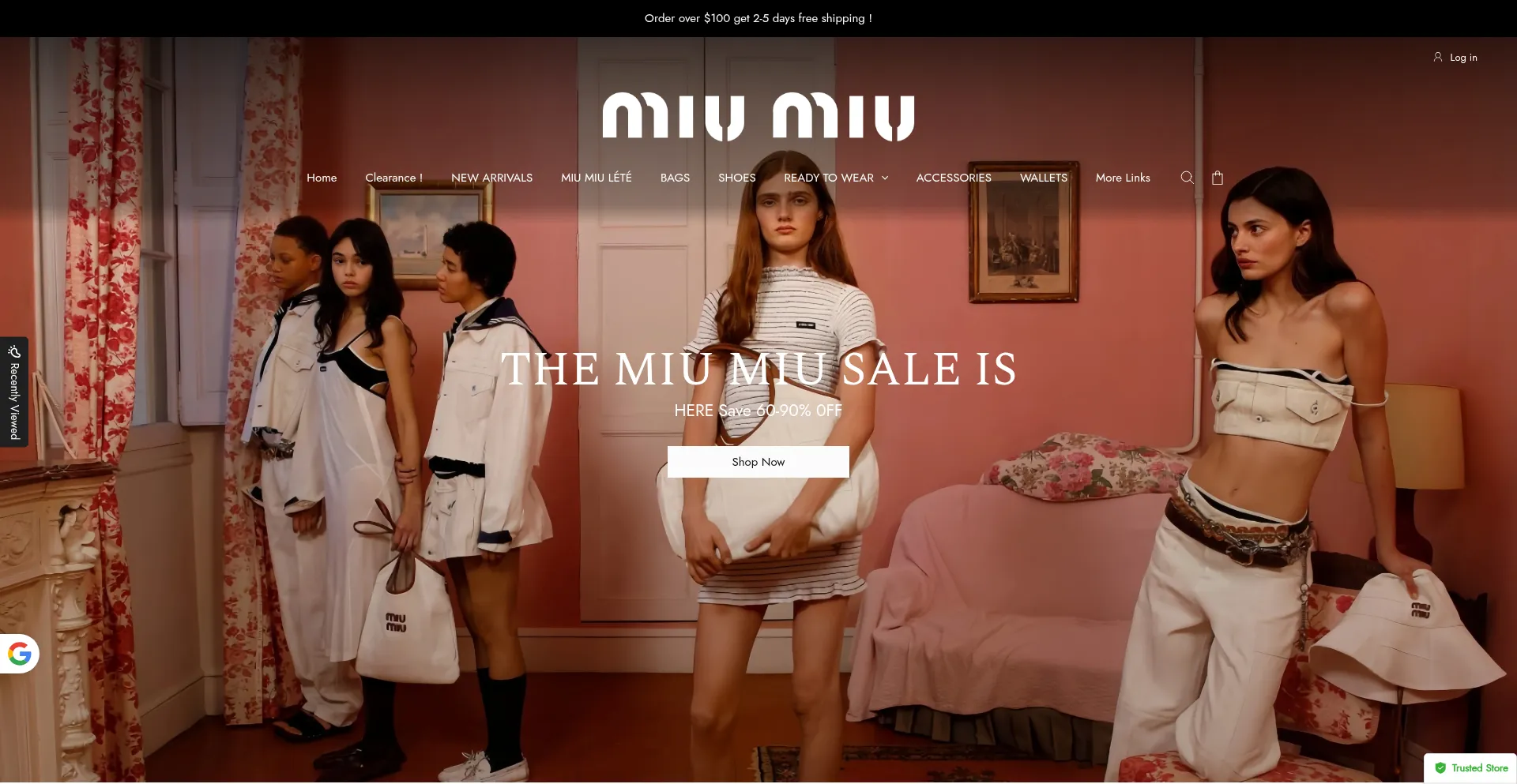 Website screenshot of Miuvipclearance.shop