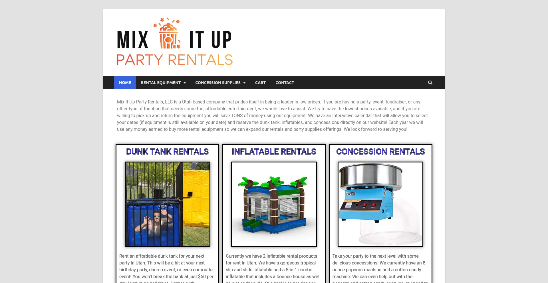 Website screenshot of Mixituppartyrentals.com
