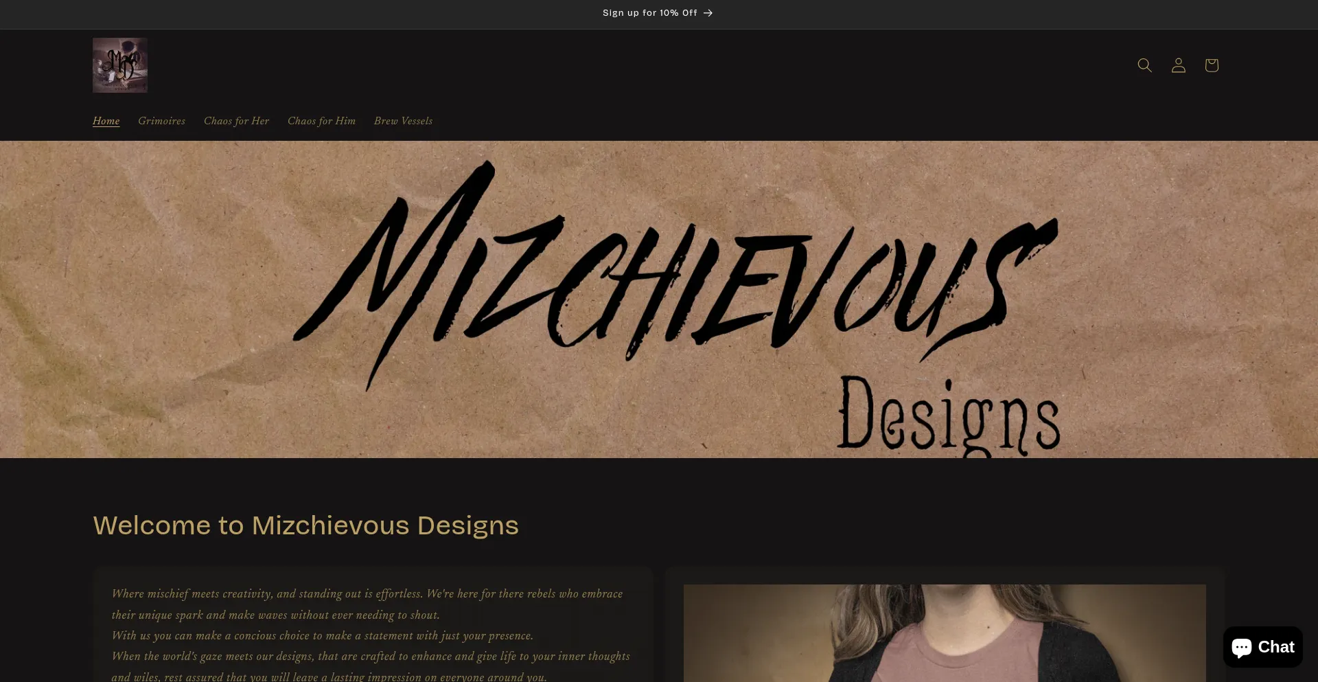 Website screenshot of Mizchievousdesigns.myshopify.com