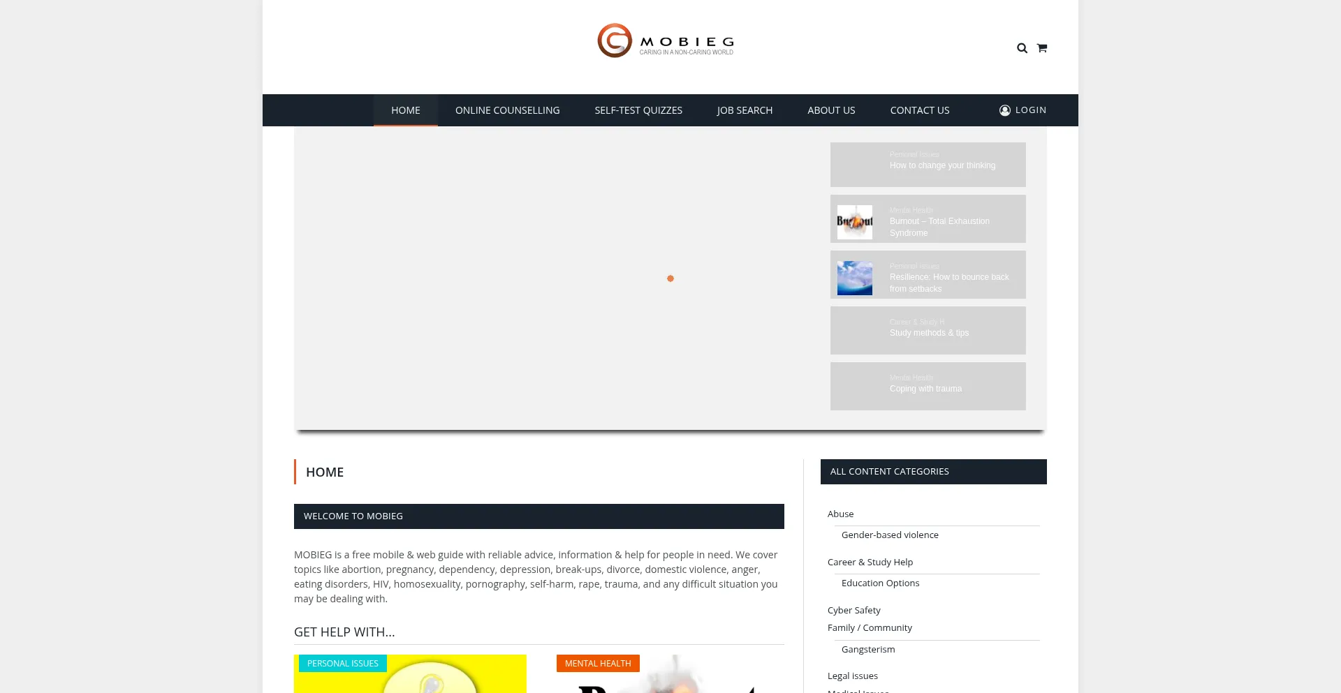 Website screenshot of Mobieg.co.za