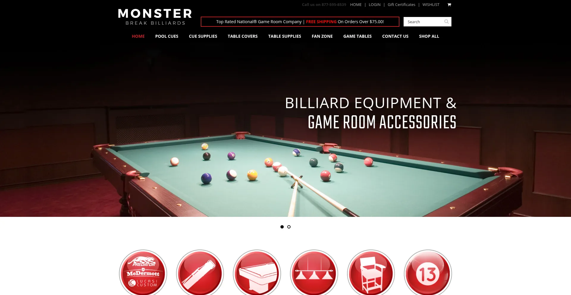 Website screenshot of Monsterbreakbilliards.com