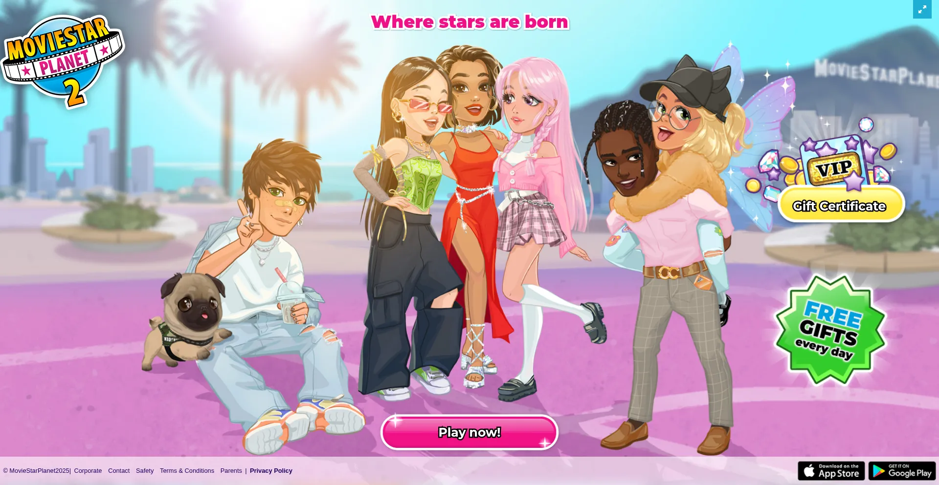 Website screenshot of Moviestarplanet2.com