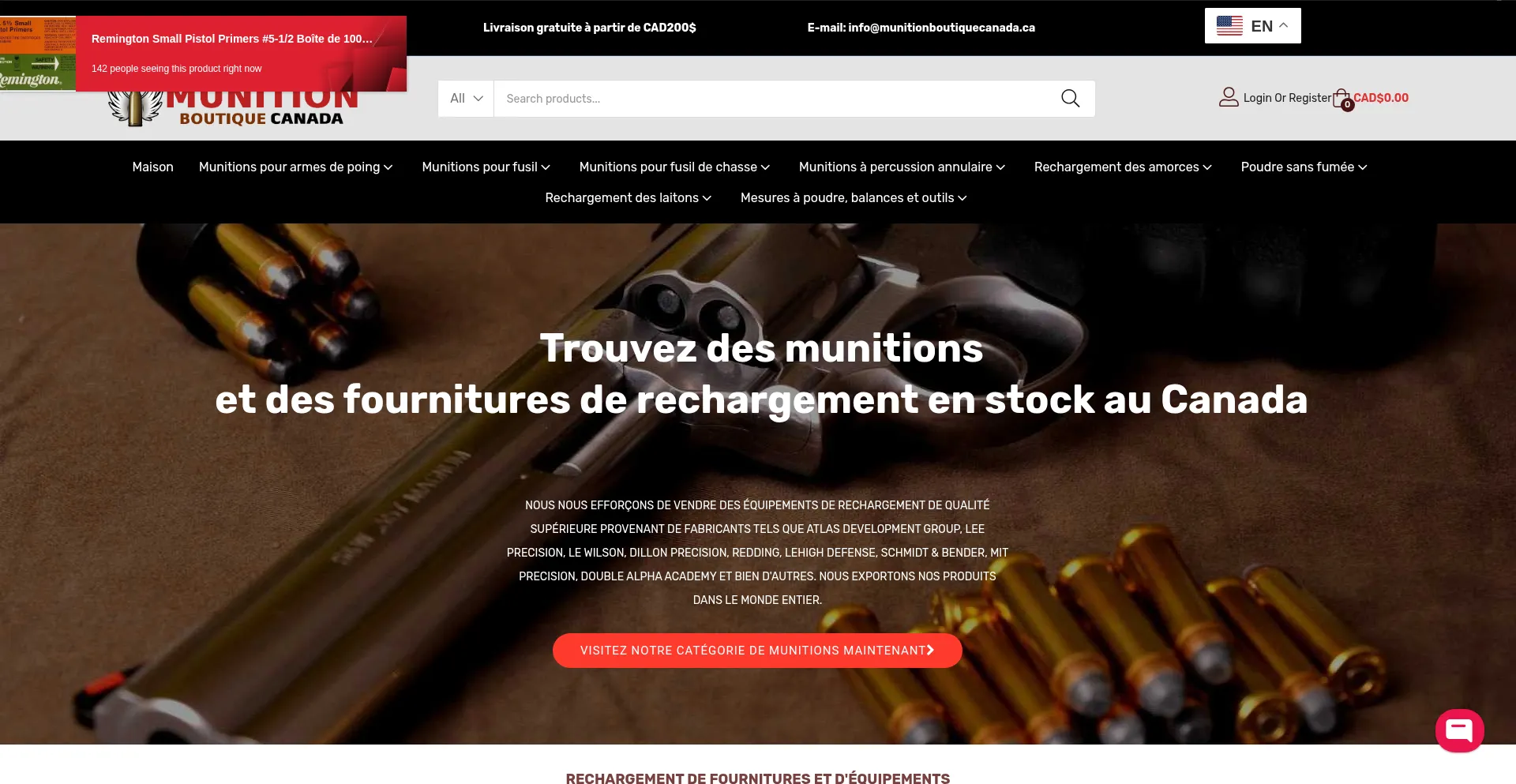 Website screenshot of Munitionboutiquecanada.ca