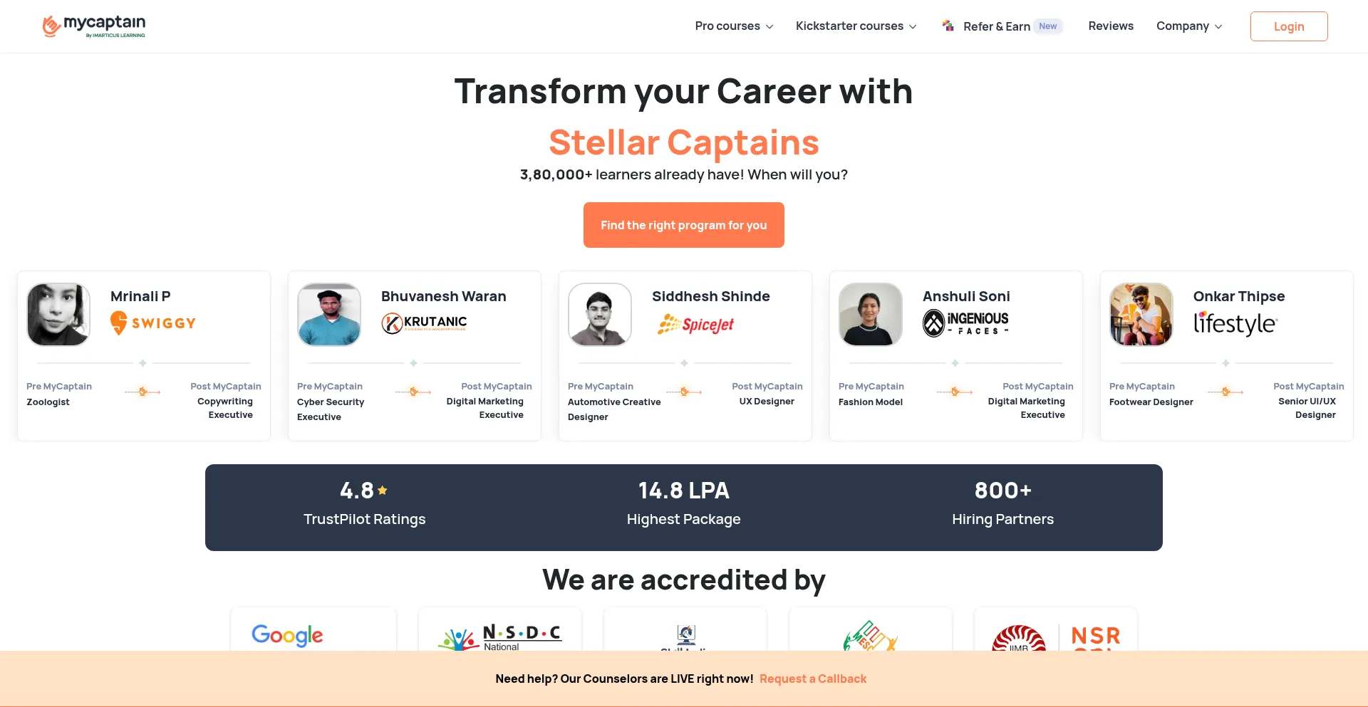Website screenshot of Mycaptain.in