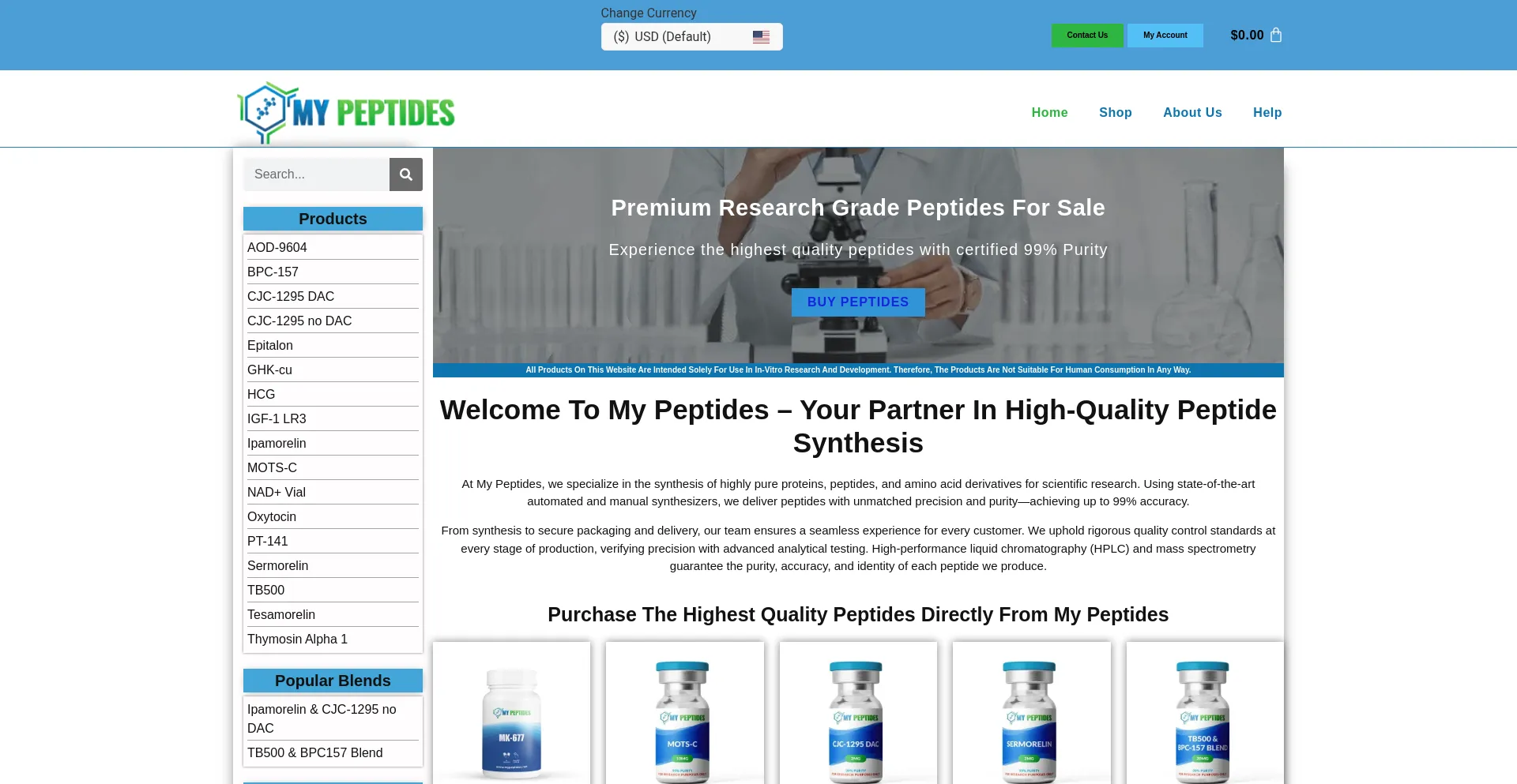 Website screenshot of Mypeptides.net