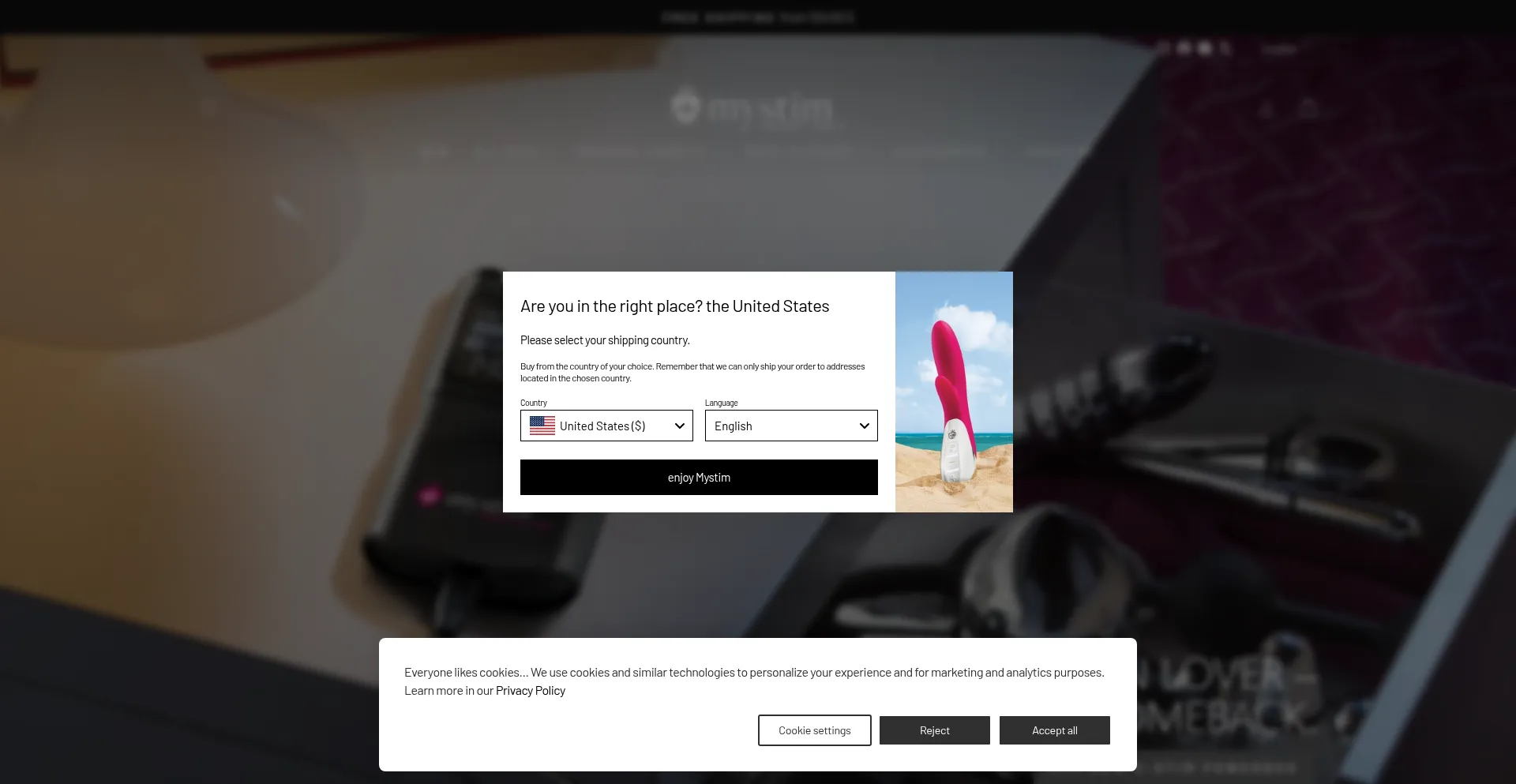 Website screenshot of Mystim.com