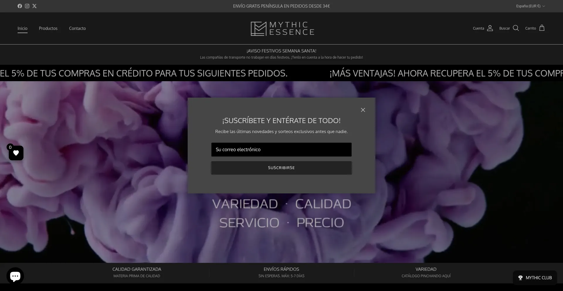 Website screenshot of Mythicessence.com