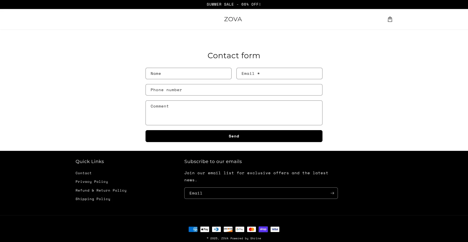 Website screenshot of Myzova.store