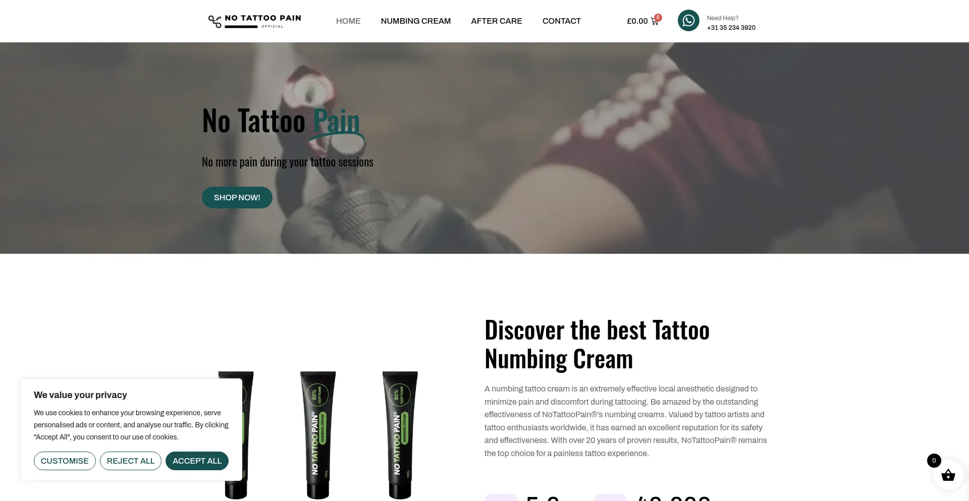 Website screenshot of Notattoopain.co.uk