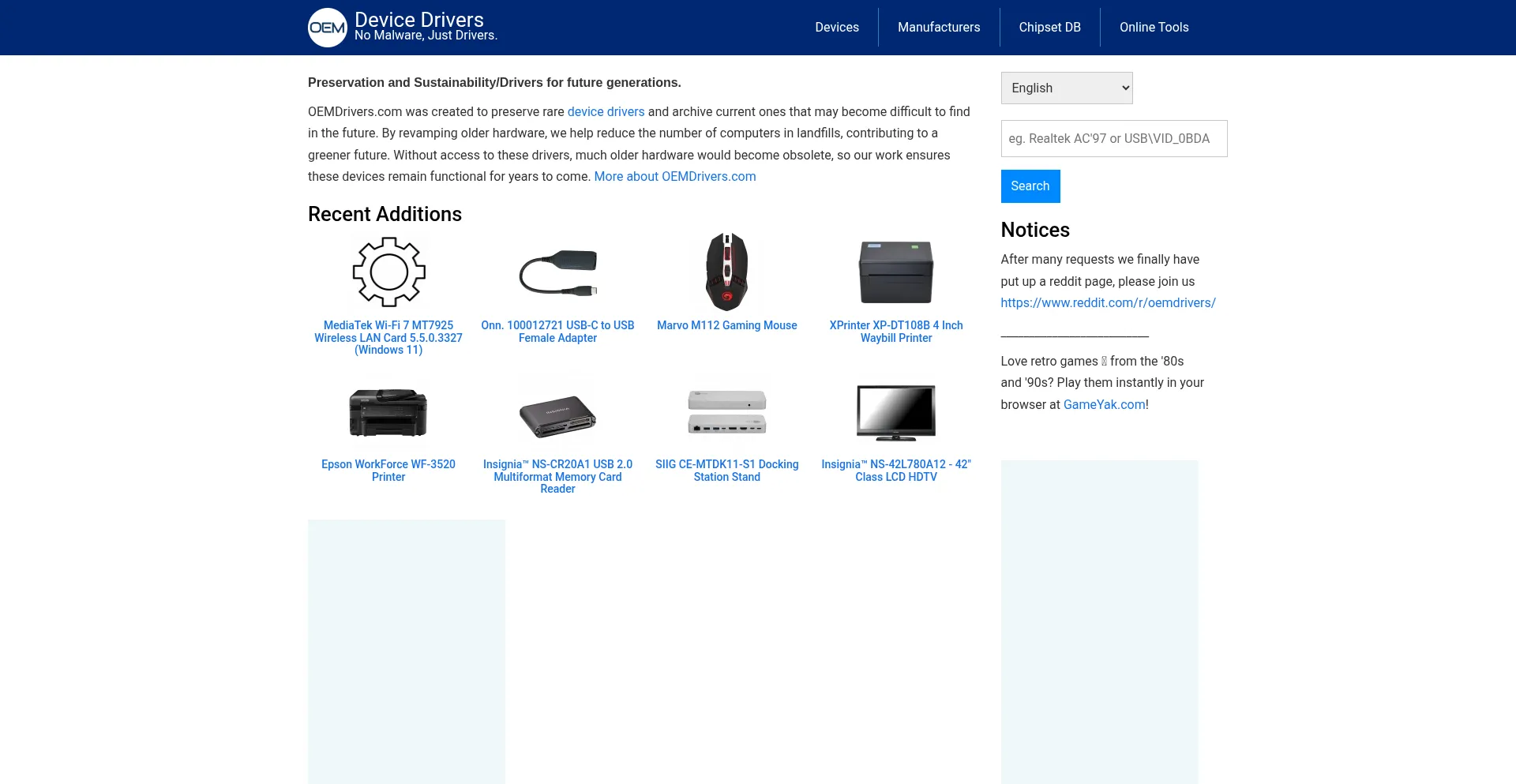 Website screenshot of Oemdrivers.com