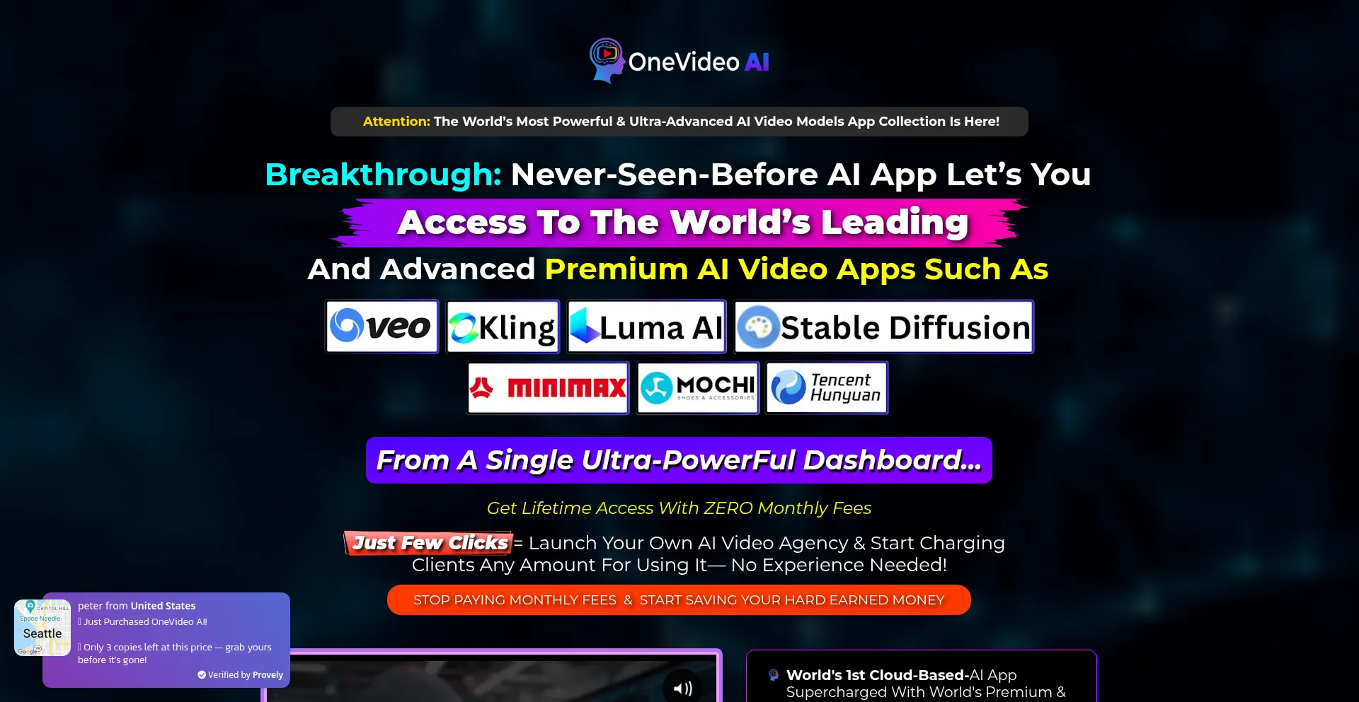 Website screenshot of Onevideoai.live