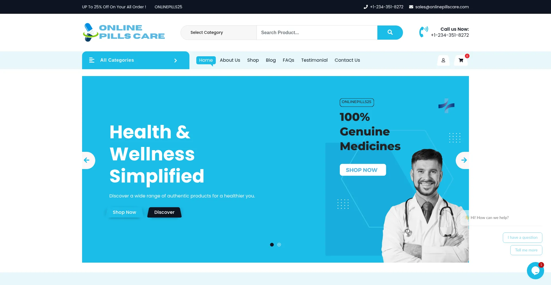 Website screenshot of Onlinepillscare.com