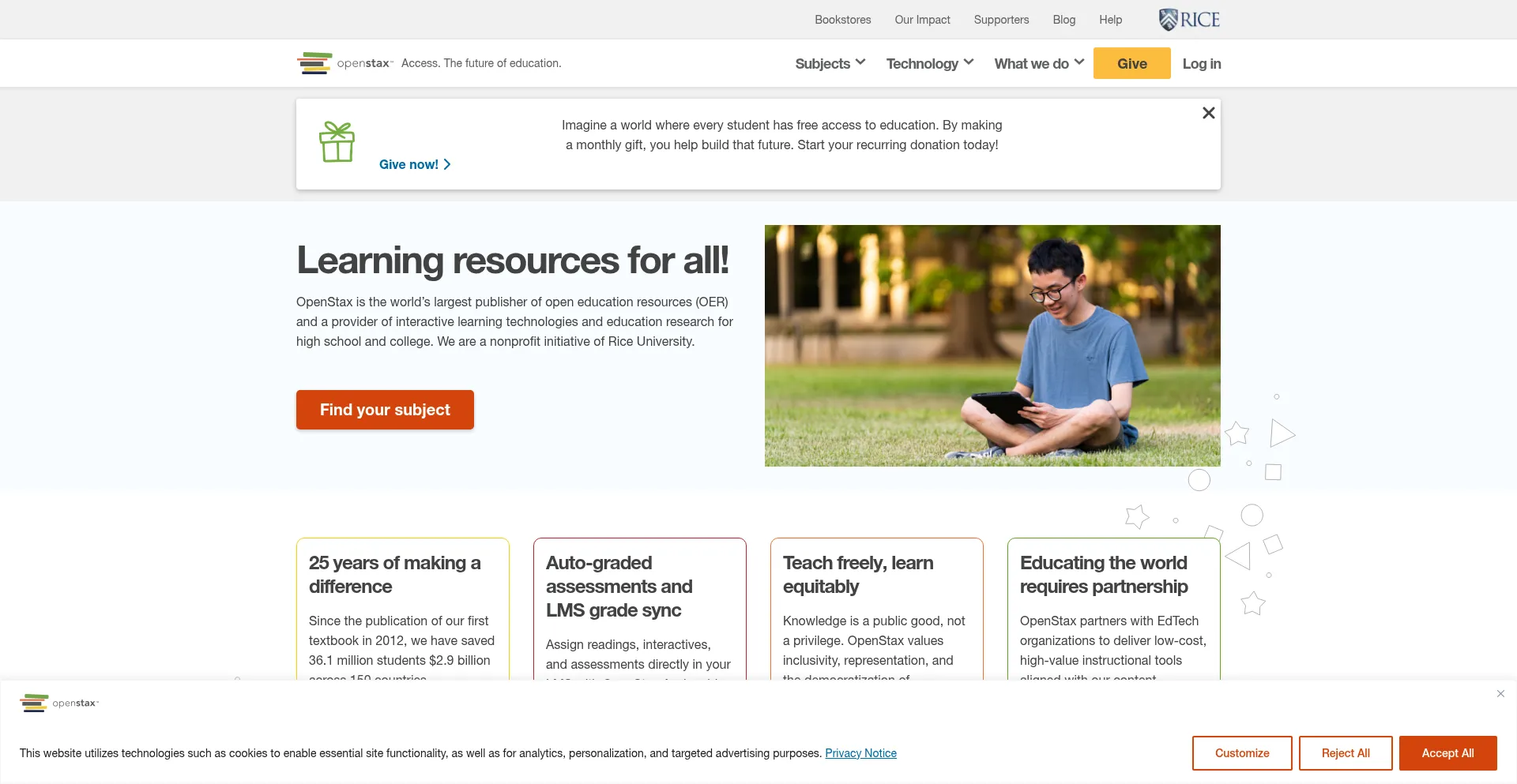 Website screenshot of Openstax.com
