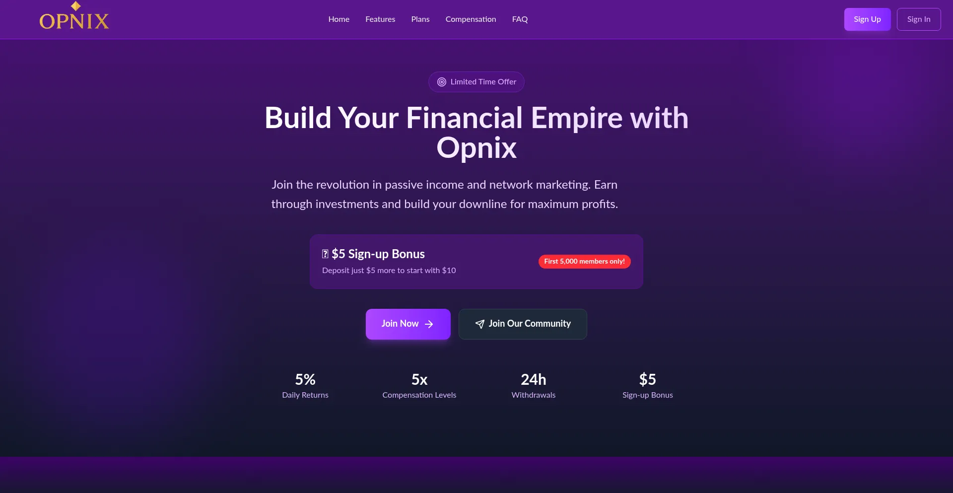 Website screenshot of Opnix.vip