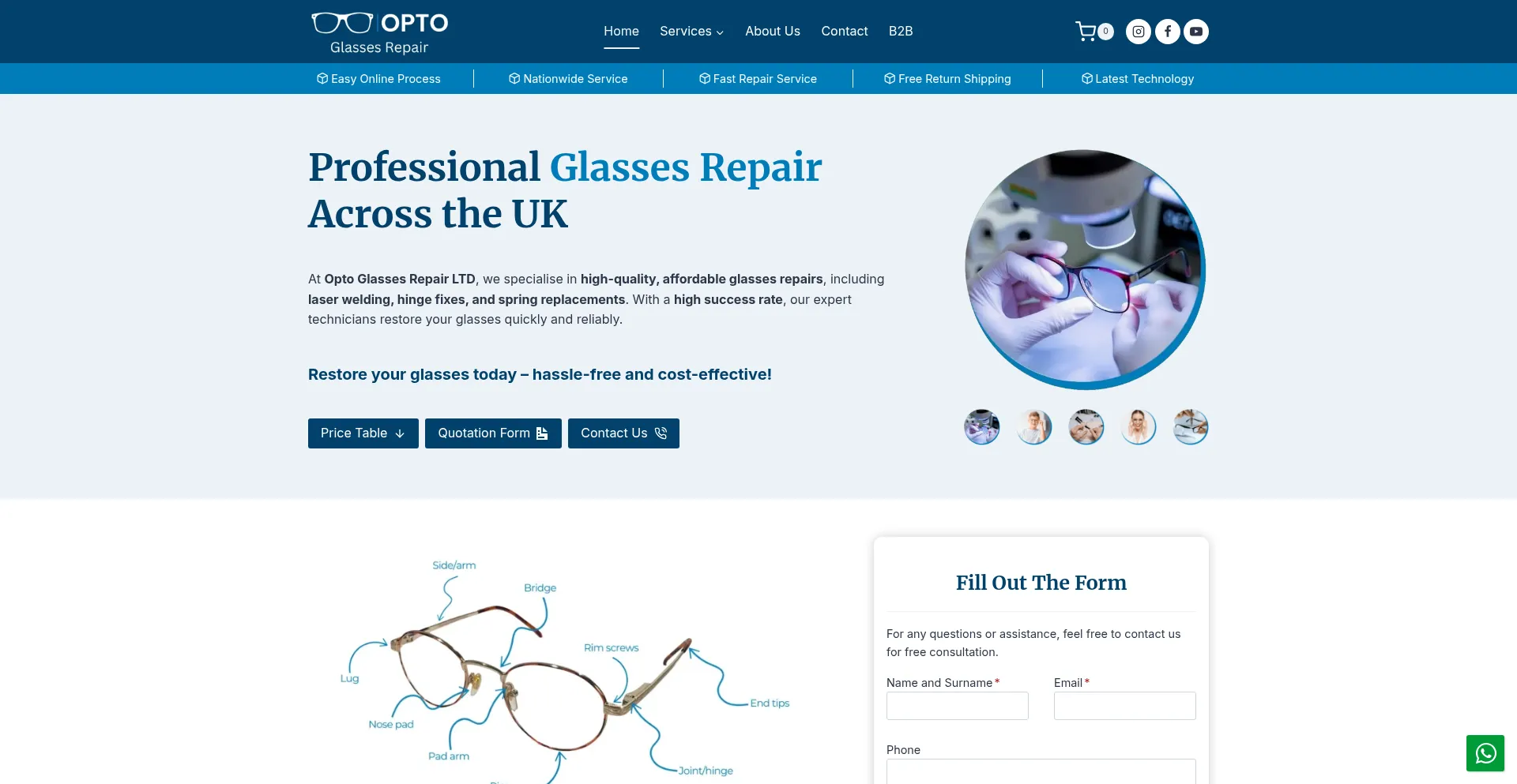 Website screenshot of Optoglassesrepair.co.uk