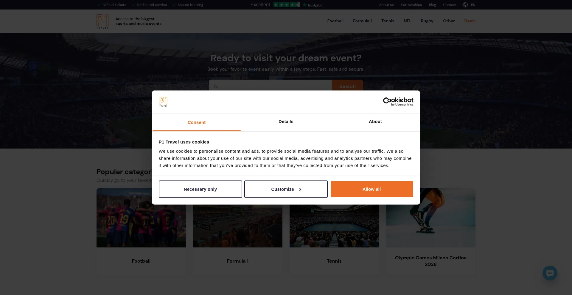 Website screenshot of P1travel.com
